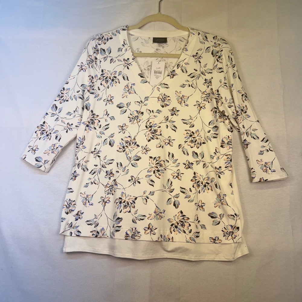 J. Jill‎ Wearever Floral V-Neck Layered Hem Tunic Top Cream Blue XSP NEW